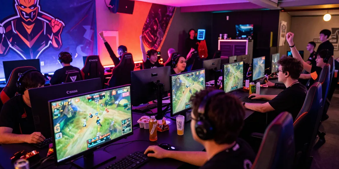 juraganbola esports arena with gamers competing and cheering audience