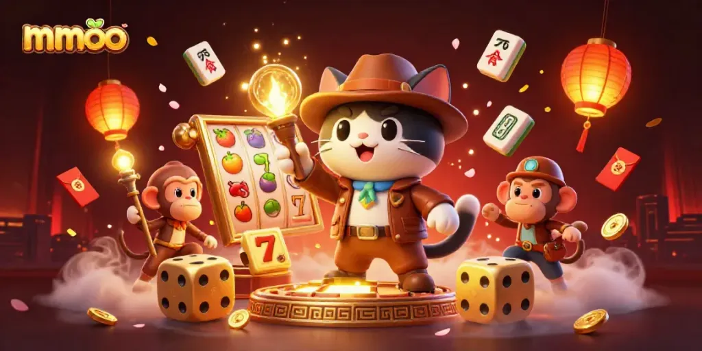 mmoo themed illustration showcasing an explorer cat and a monkey discovering a casino artifact.