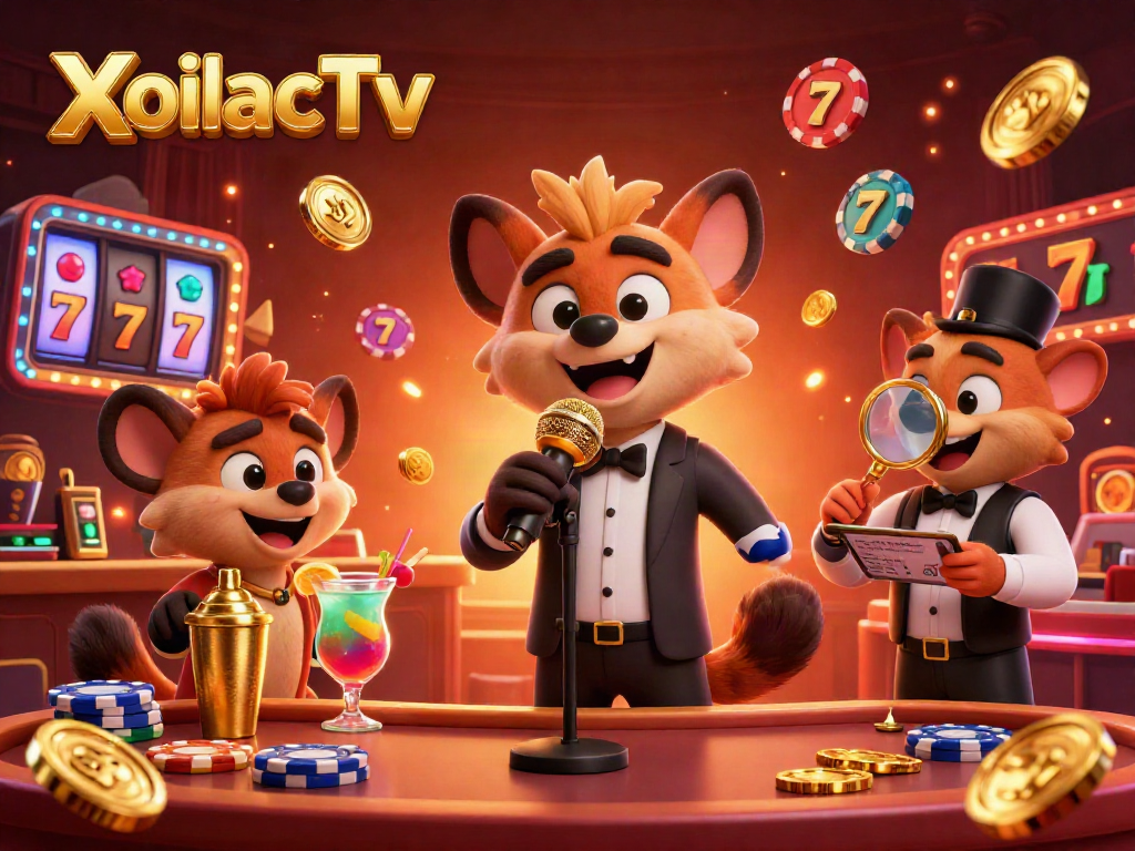 Experience the excitement at XoilacTv's casino, with animated hyenas in a vibrant gaming environment.