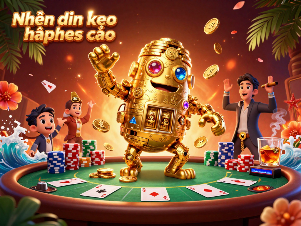 Engaging illustration showcasing Nhận định kèo nhà cái with a vibrant 3D golden golem and poker elements.