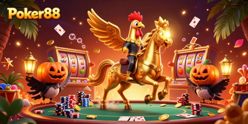 Experience the thrill of Poker88 with a vibrant 3D casino scene filled with dynamic poker elements.