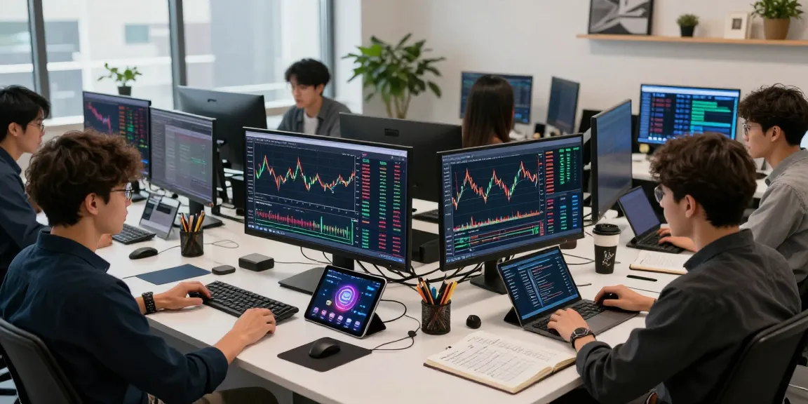 Cricbet trading team analyzing cryptocurrency trends in a modern co-working space with multiple screens displaying blockchain data.
