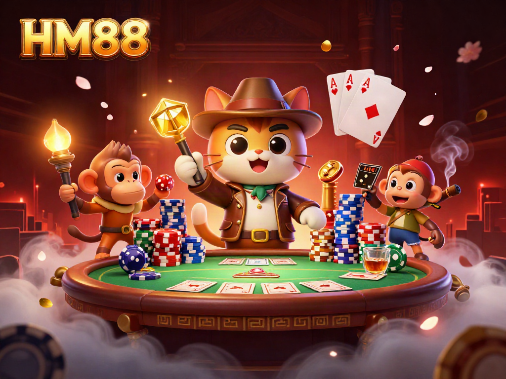 Engage with the exciting HM88 casino adventure featuring a cartoon archaeologist cat and monkey companion.