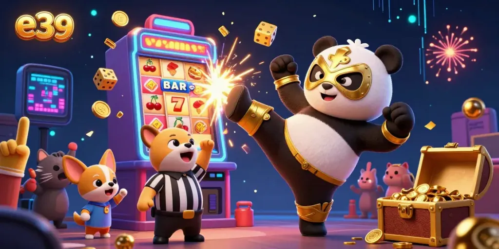 Players enjoy e39 adrenaline rush with a panda wrestler kicking while coins burst from a slot machine.