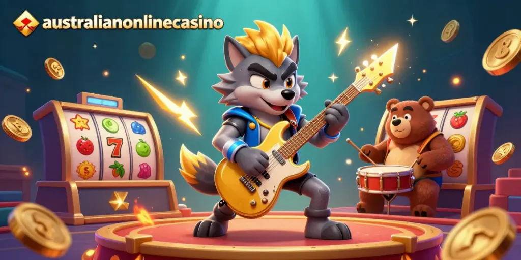 Vibrant scene of a rock star wolf and a drummer bear in a casino setting, showcasing australianonlinecasino themes.