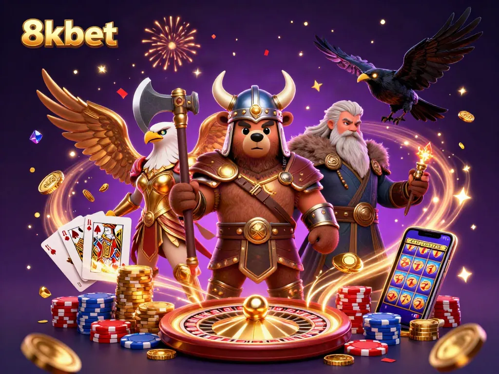 Experience thrilling wins with 8xbet in a vibrant casino illustration filled with action.