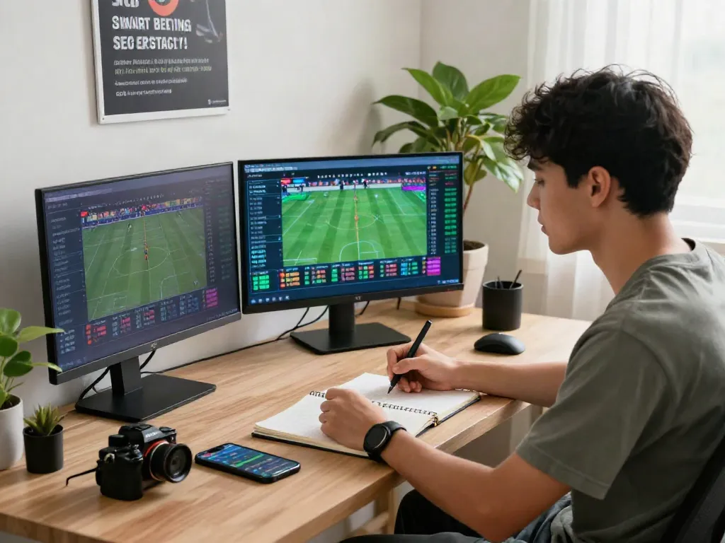 Aktivitas analisis taruhan olahraga di meja modern, mencakup perangkat digital dan catatan strategi merahtoto.