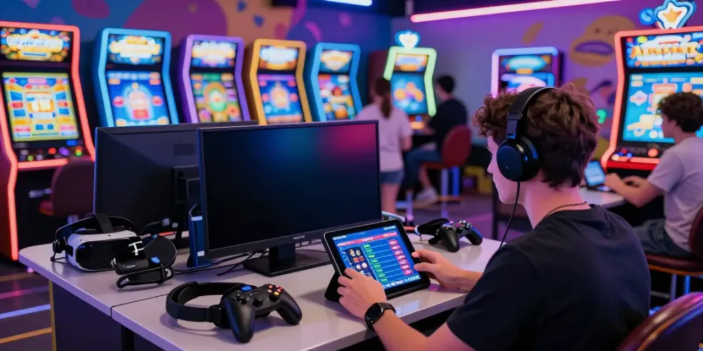 Engaging gaming scene showcasing a user immersed in the Yono Arcade experience with vibrant gaming machines.
