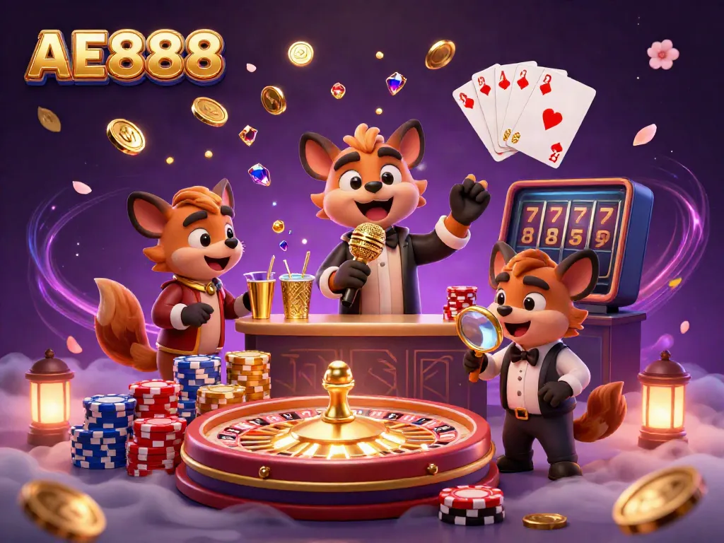 Hyenas at AE888 comedy casino club, mixing drinks and telling jokes amidst golden coins and roulette excitement.
