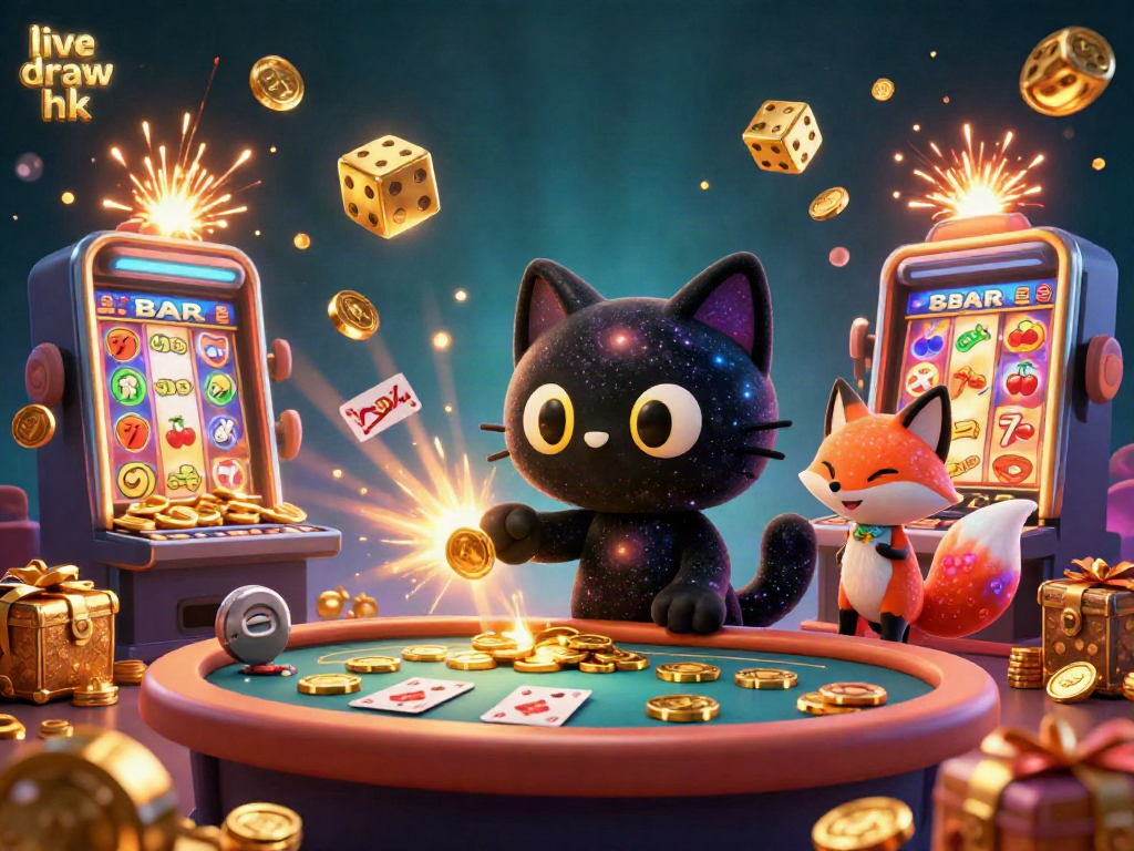 Engage with the live draw hk while enjoying vibrant casino action illustrated by a cosmic cat and fox.