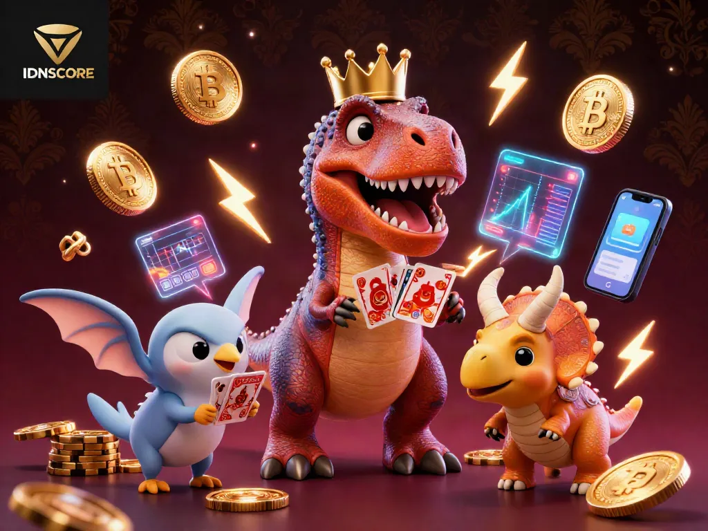 IDNSCORE captures a thrilling gaming moment with a dinosaur-themed card game scene featuring vibrant crypto elements.