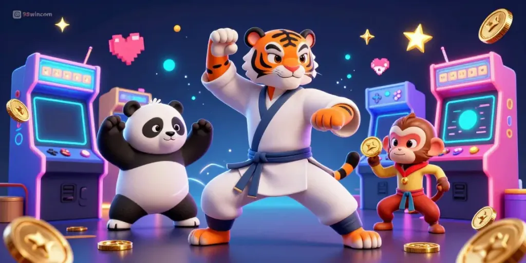 Experience excitement with 98wincom in this vibrant illustration of a kung fu tiger master, panda disciple, and monkey student at a casino.