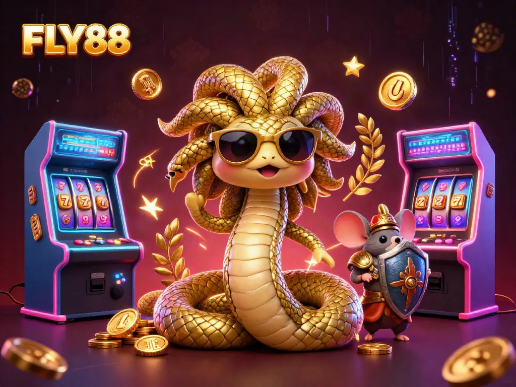 Experience thrilling gameplay at FLY88 with interactive elements, golden rewards, and engaging characters in a vibrant casino-themed illustration.