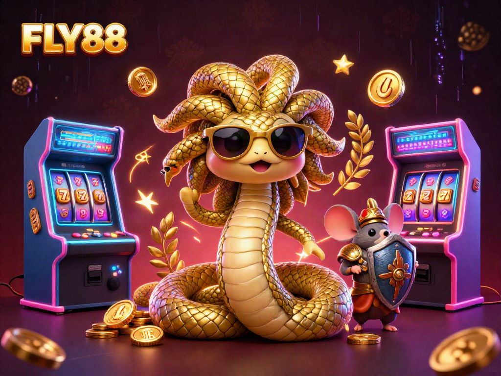 Experience thrilling gameplay at FLY88 with interactive elements, golden rewards, and engaging characters in a vibrant casino-themed illustration.