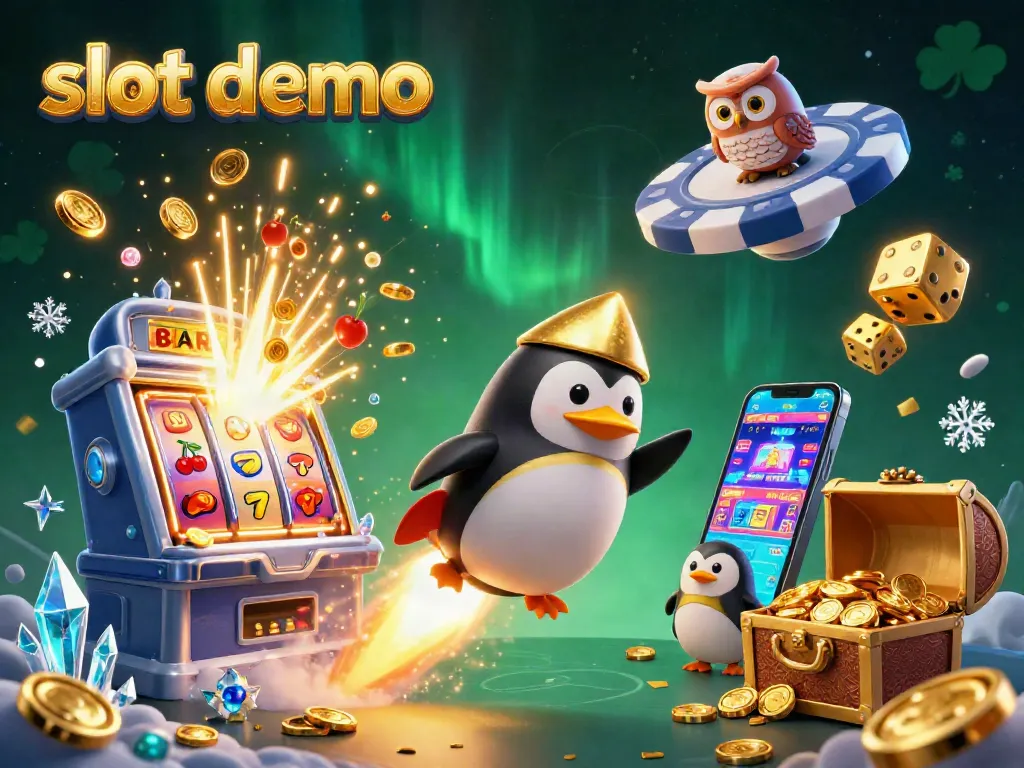 Slot demo yang menampilkan penguin emas dengan mesin slot dan cahaya jackpot.