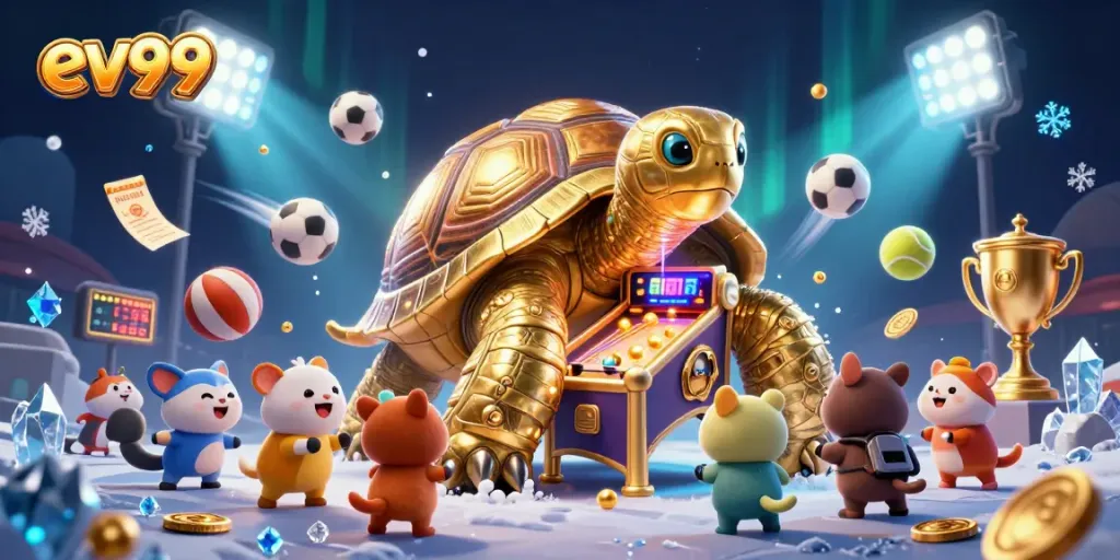 Play exciting games at ev99 with a vibrant scene featuring a colossal golden tortoise and sports elements