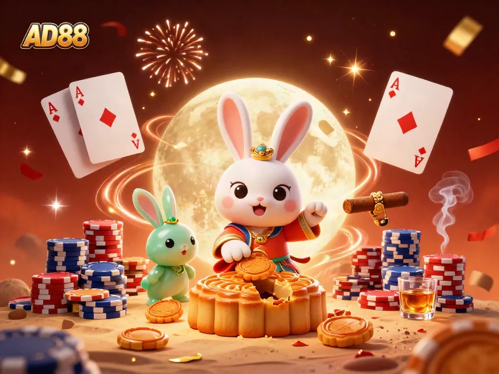 Experience the excitement of AD88 as a moon rabbit reveals poker chips hidden in mooncakes during a cosmic celebration.