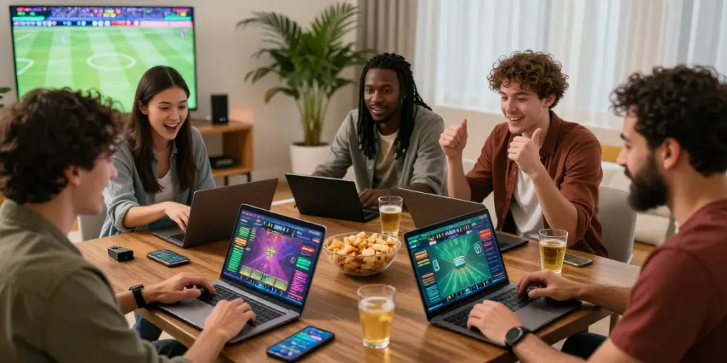 Group enjoying lotus365 online gaming and betting in a lively home setting.
