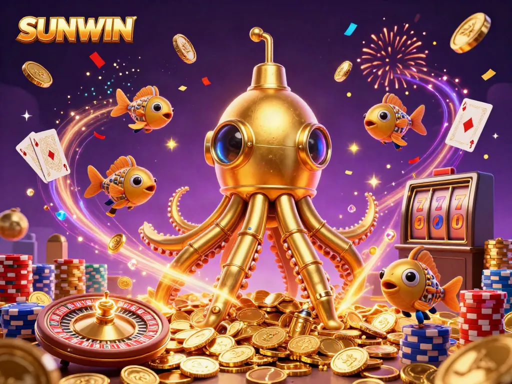 SUNWIN gaming scene with a golden kraken submarine and dynamic casino elements
