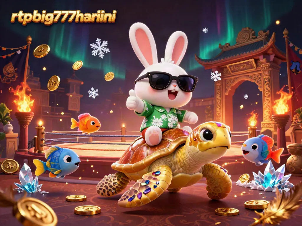 Win big with rtpbig777hariini where a lucky rabbit rides a golden turtle in a vibrant casino scene.