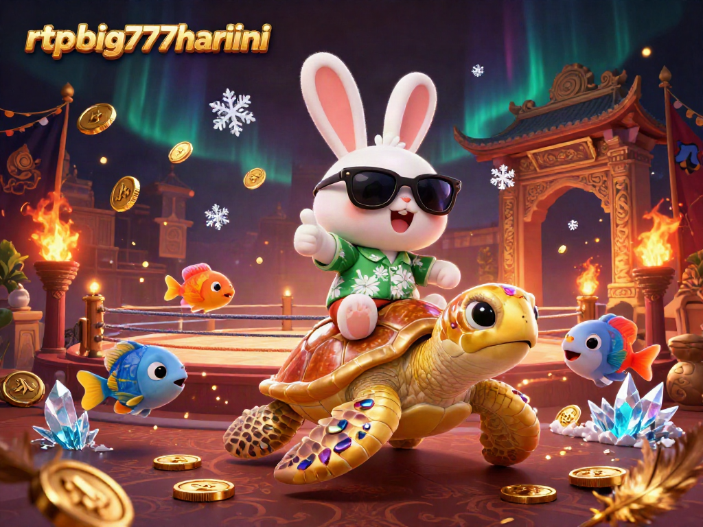 Win big with rtpbig777hariini where a lucky rabbit rides a golden turtle in a vibrant casino scene.
