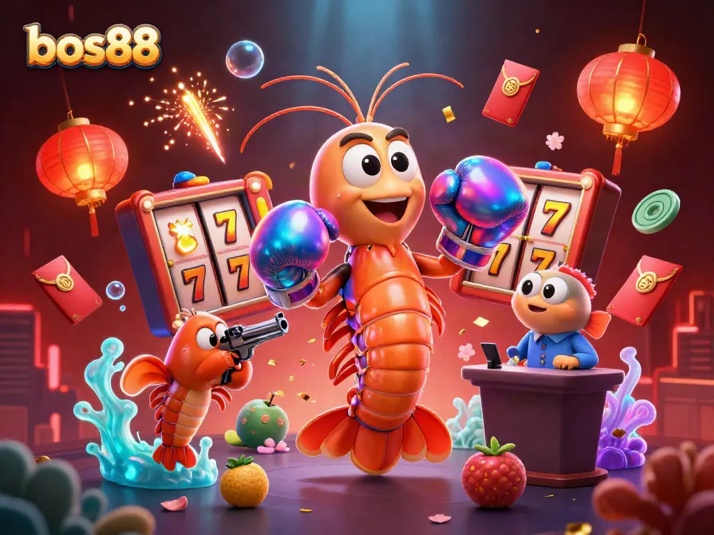 Experience thrilling gameplay with bos88 featuring vivid cartoon shrimp, slot reels, and dynamic colors.