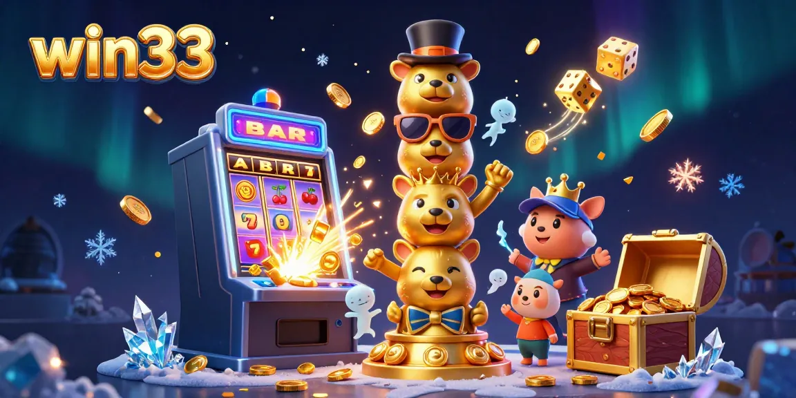 Experience the thrill at win33 with a vibrant slot machine bursting with winnings and a charming totem pole character.