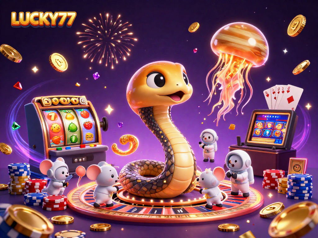 Engage with LUCKY77 casino magic with a cosmic roulette scene featuring a Saturn ring snake and golden jellyfish.