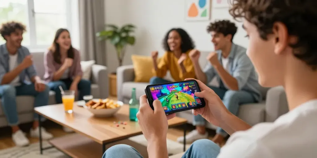 Excited user playing 3 Patti No1 app in lively living room with friends.