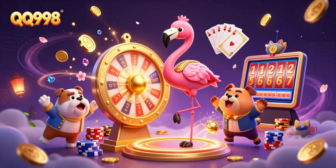 Experience the excitement of QQ998 with a vibrant 3D illustration showcasing a vibrant game show atmosphere filled with gaming elements.