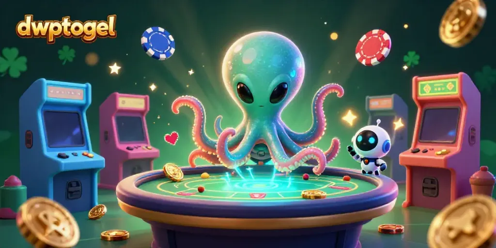 Dwptogel menghadirkan ilustrasi alien dan robot sedang bermain poker di ruang angkasa.