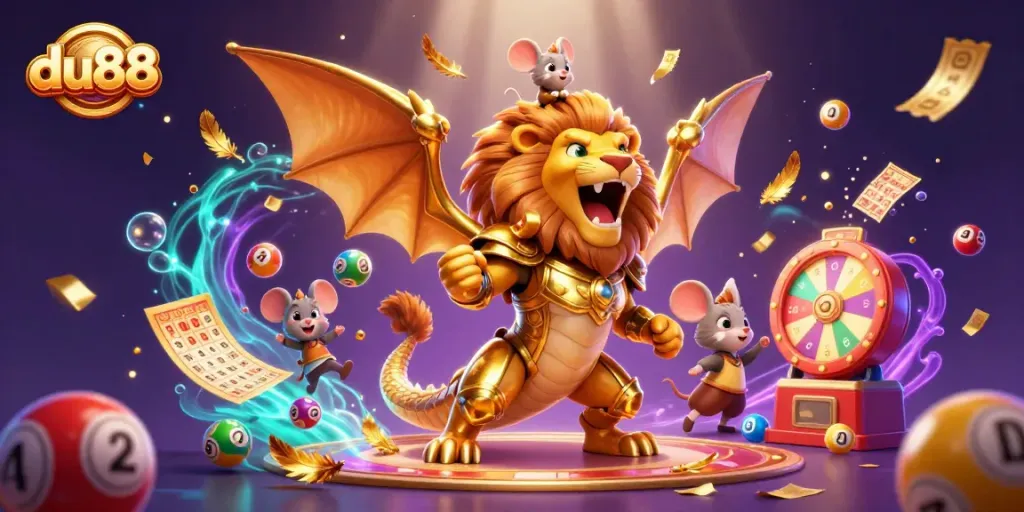 Engage in exciting du88 gaming adventures with a roaring chimera and lucky lottery elements.