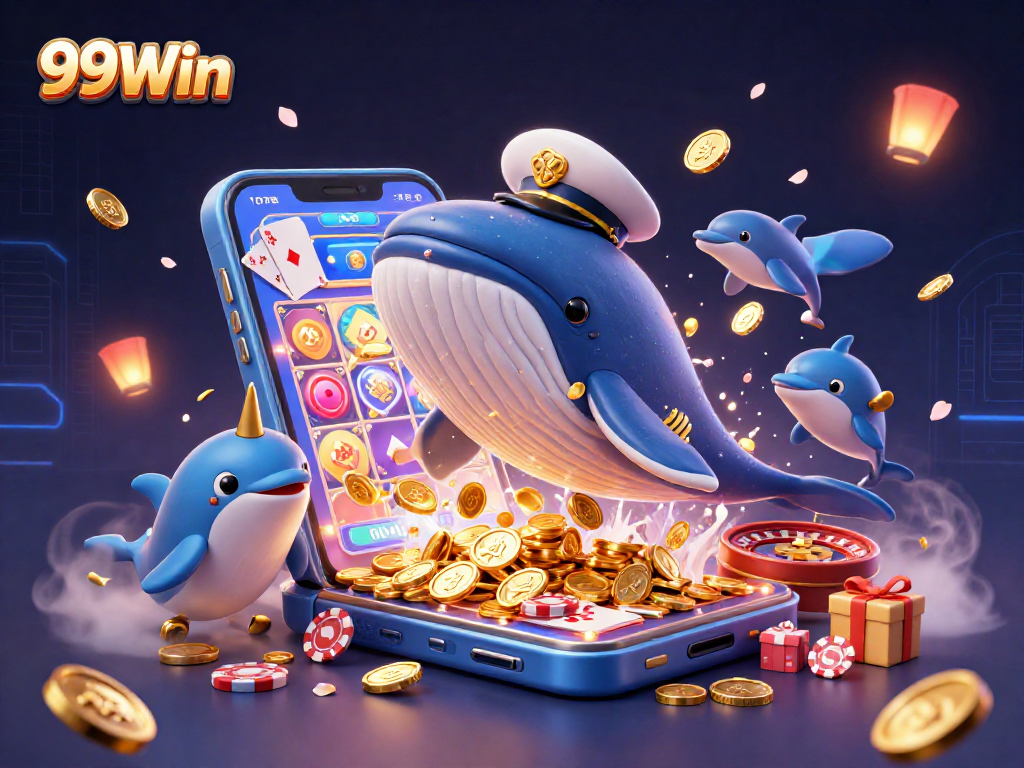 Experience excitement with 99Win, featuring a whimsical whale and narwhal in a festive casino scene.