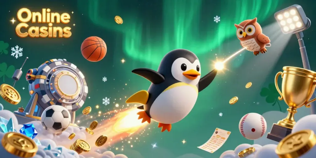 Experience thrilling Online Casinos as a golden penguin blasts through space surrounded by sports balls and casino elements.