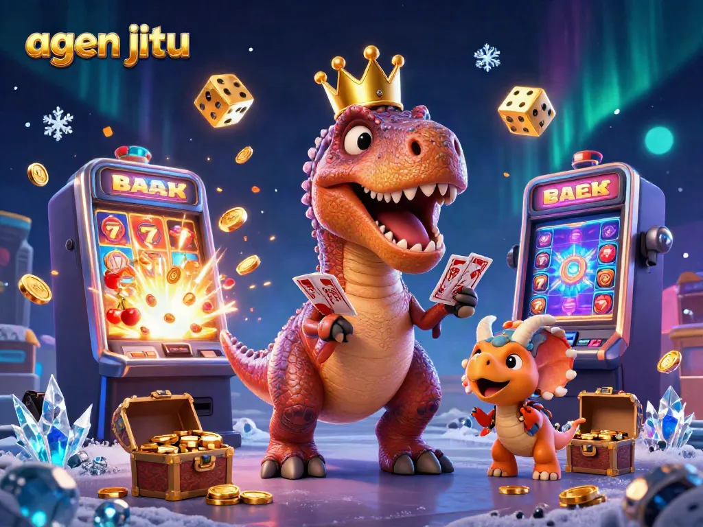 Permainan judi agen jitu dengan karakter unik dan simbol slot menarik di latar belakang yang menakjubkan.