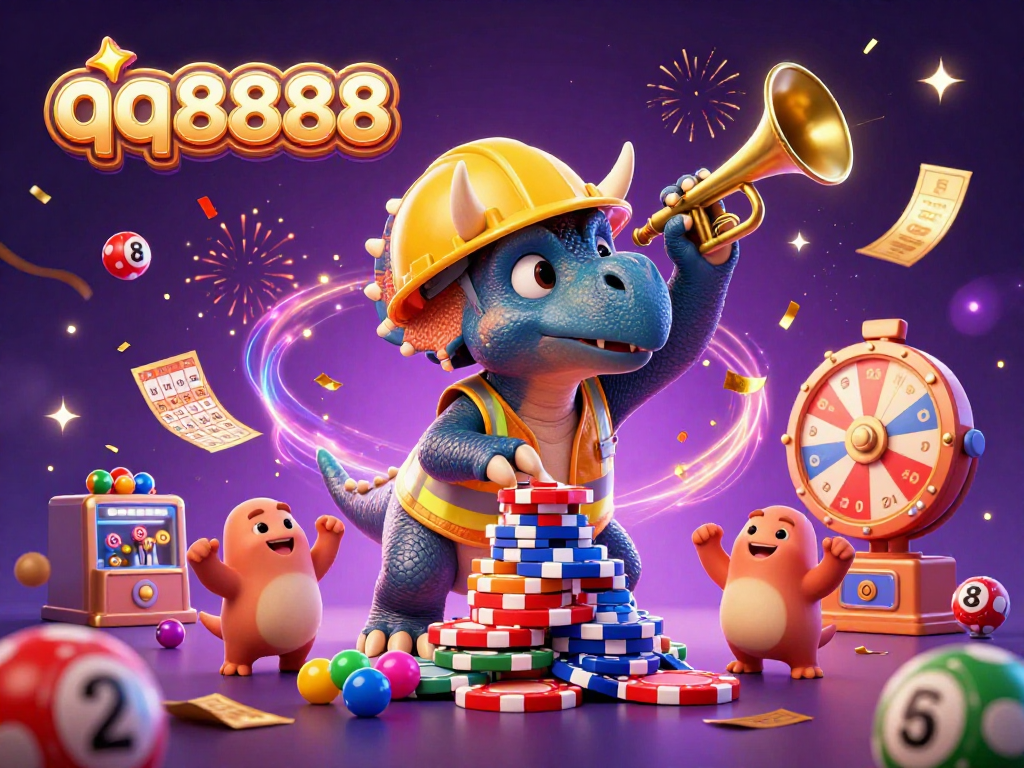 Engage in the qq8888 casino excitement with a vibrant celebration scene featuring dinosaurs creating a poker chip pyramid.