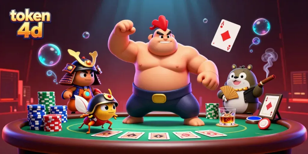 Permainan menarik token 4d menampilkan karakter ayam sumo dan elemen kasino yang menggugah semangat.
