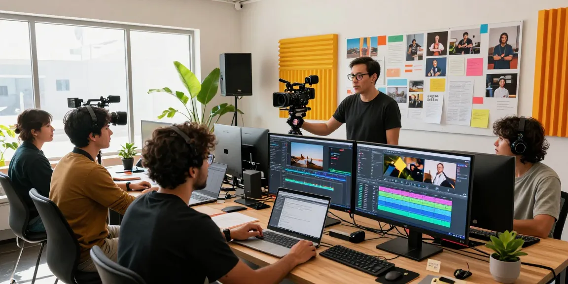 Video production company Los Angeles, California team collaborating in studio, editing and reviewing footage with modern equipment.