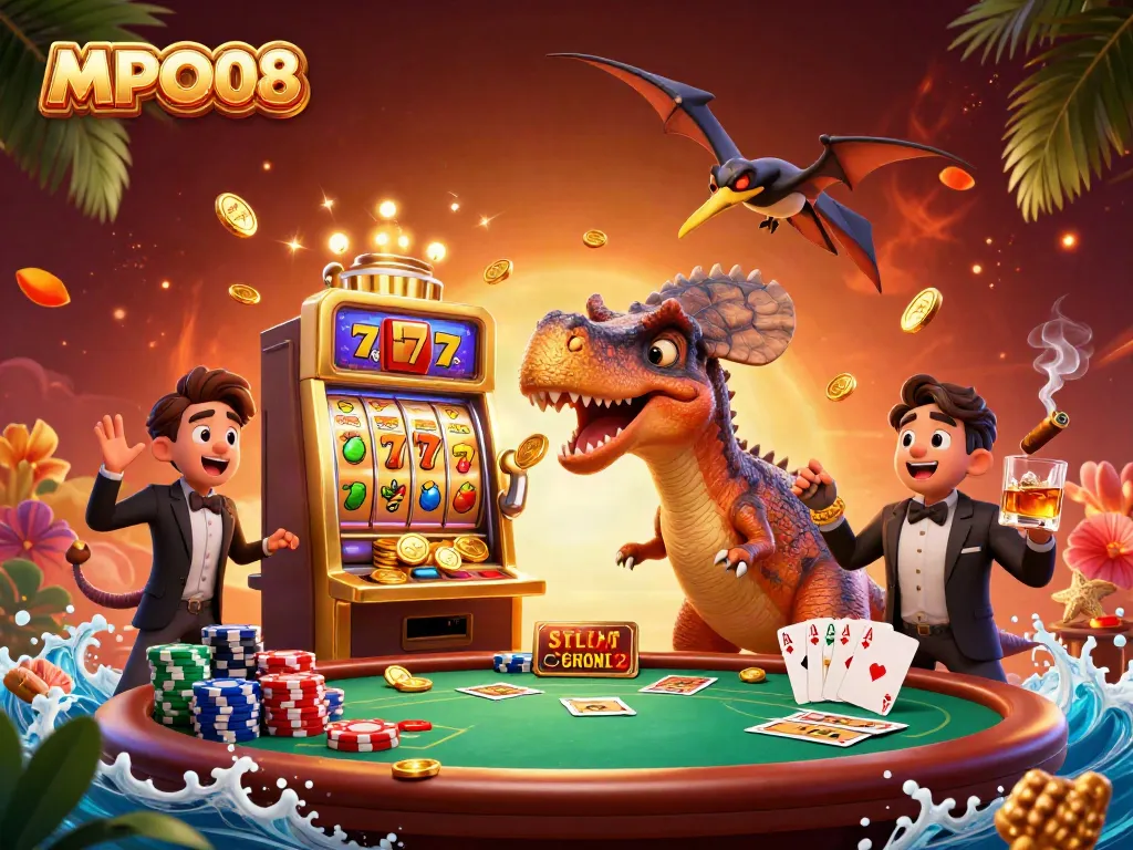 Pachycephalosaurus interacts with a golden slot machine while an ankylosaur waves; MPO08 gaming setup.