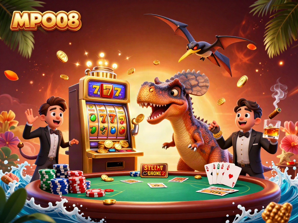 Pachycephalosaurus interacts with a golden slot machine while an ankylosaur waves; MPO08 gaming setup.