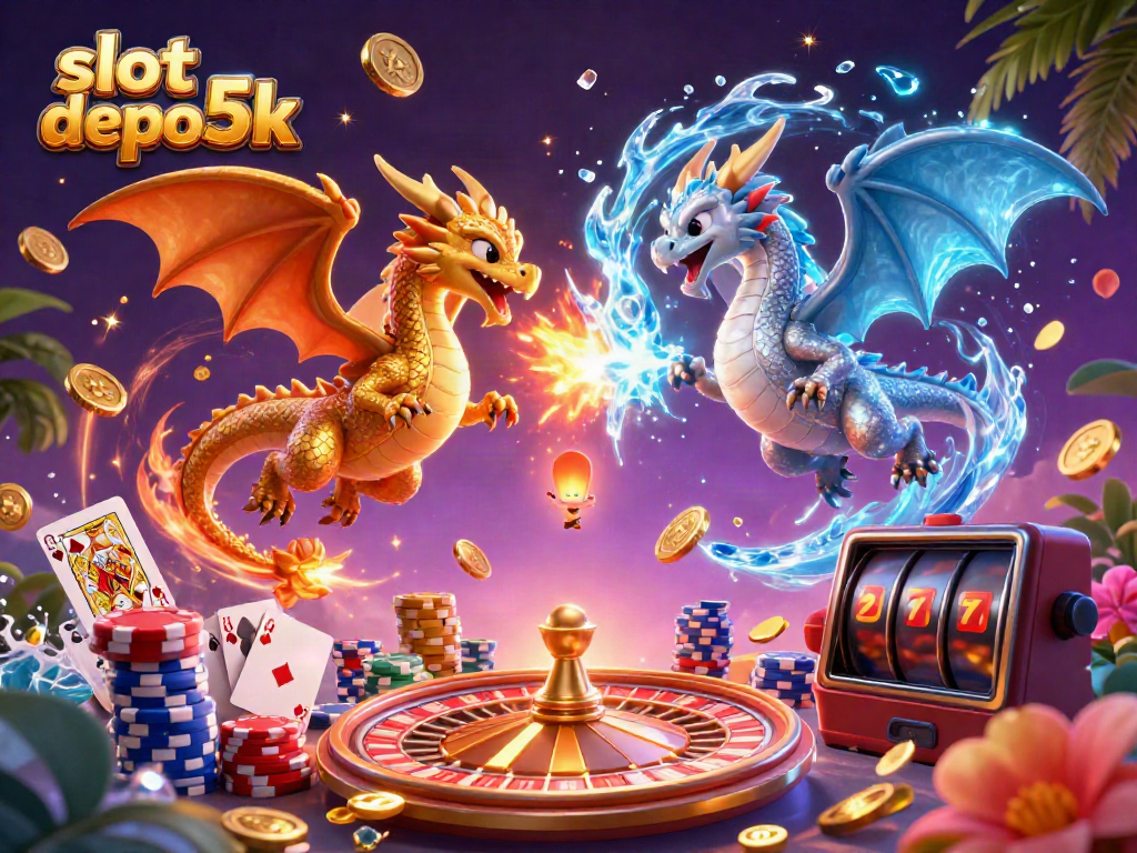 Experience the excitement of slot depo 5k with a dynamic 3D scene featuring golden coins, dragons, and slot machine elements.