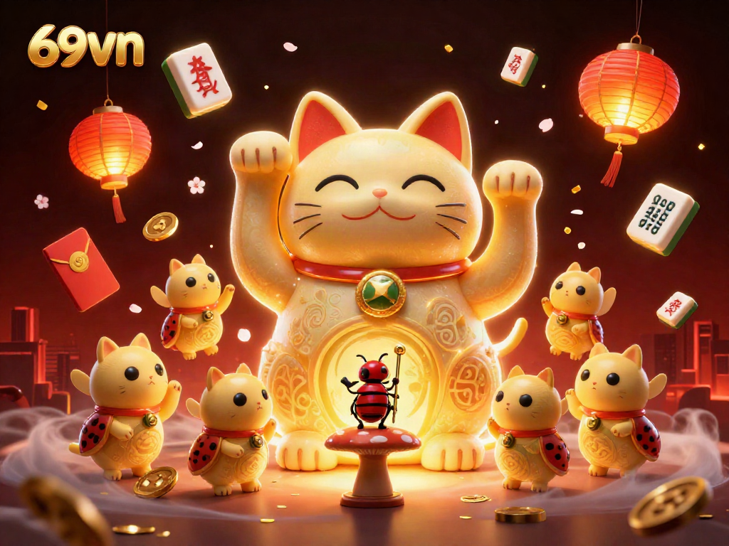 Experience thrilling 69vn gaming with a lucky cat and vibrant casino elements in this dazzling illustration.