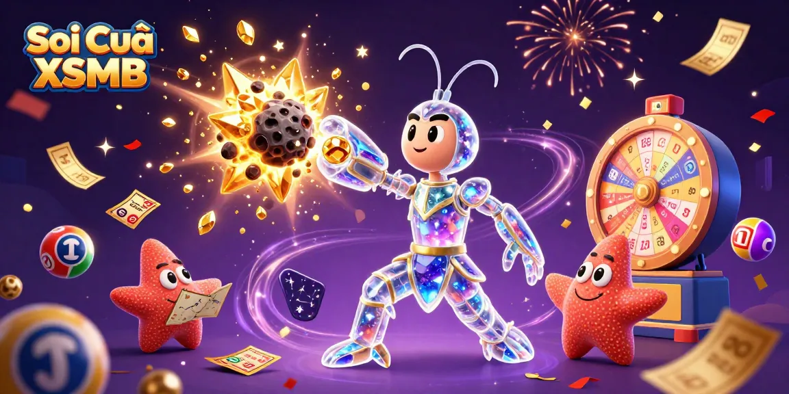 Soi Cầu XSMB showcases colorful lottery elements with a galactic shrimp warrior amidst golden coins.