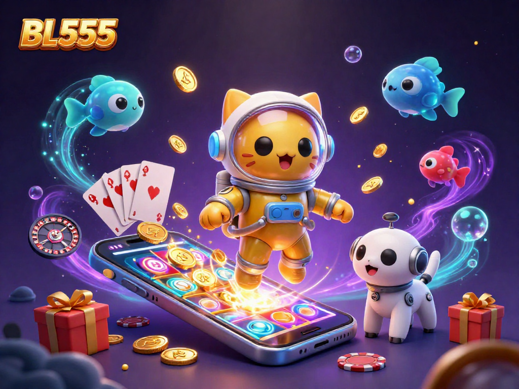 Experience winning with BL555, featuring vibrant slot games, dazzling coins, and dynamic atmosphere.