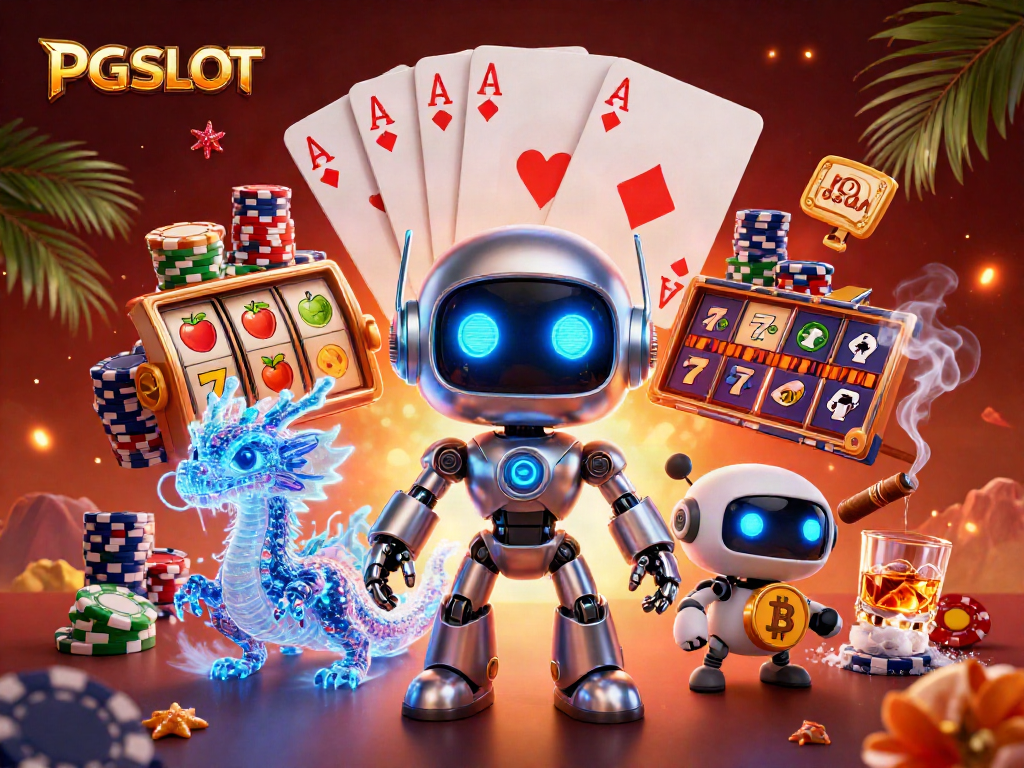 Spin PG SLOT reels in a vibrant casino scene with cyberpunk characters and colorful chips.