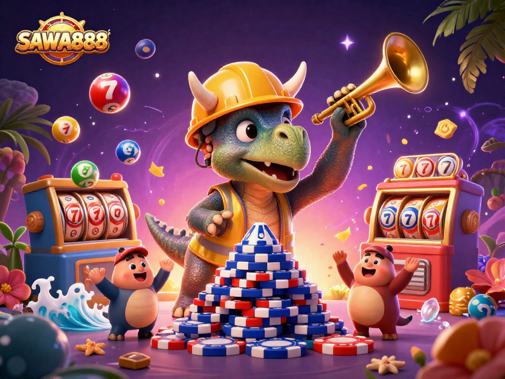 SAWA888's triceratops builds a pyramid of poker chips amidst colorful casino elements celebrating a winning atmosphere.