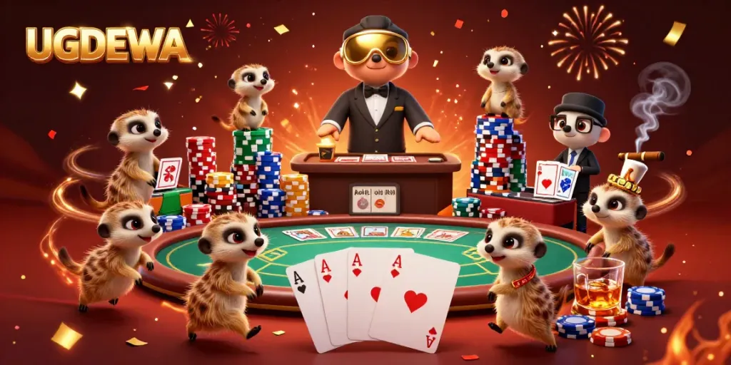 Experience exciting gameplay at UGDEWA with meerkats managing a vibrant casino scene filled with poker and celebration.