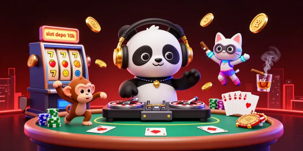 Gambarkan keseruan slot depo 10k dengan karakter kartun 3D, DJ panda, dan elemen mesin slot penuh simbol keberuntungan.