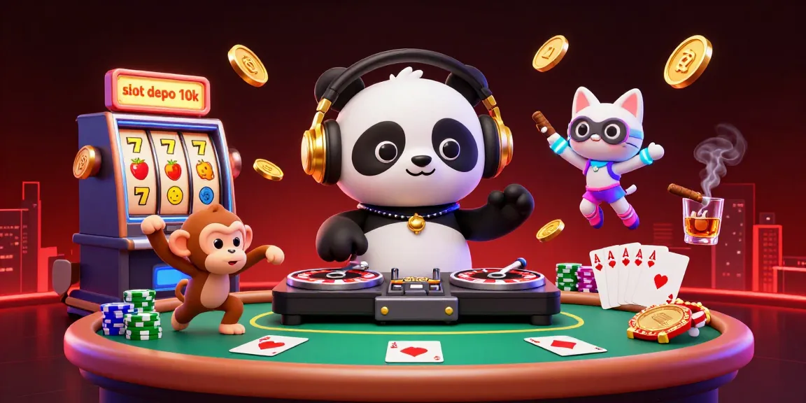 Gambarkan keseruan slot depo 10k dengan karakter kartun 3D, DJ panda, dan elemen mesin slot penuh simbol keberuntungan.