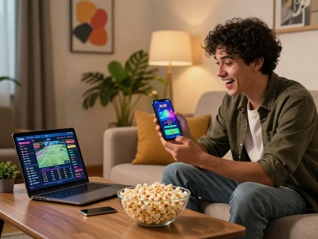 Engaged user exploring ALO8 app for online betting in a cozy living room.